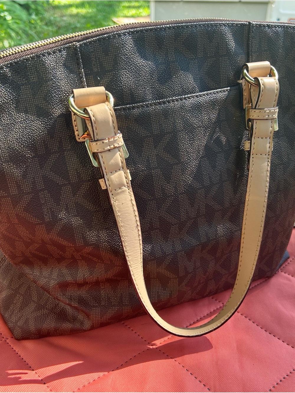 Michael Kors Brown Logo Shoulder Tote with Tan Straps